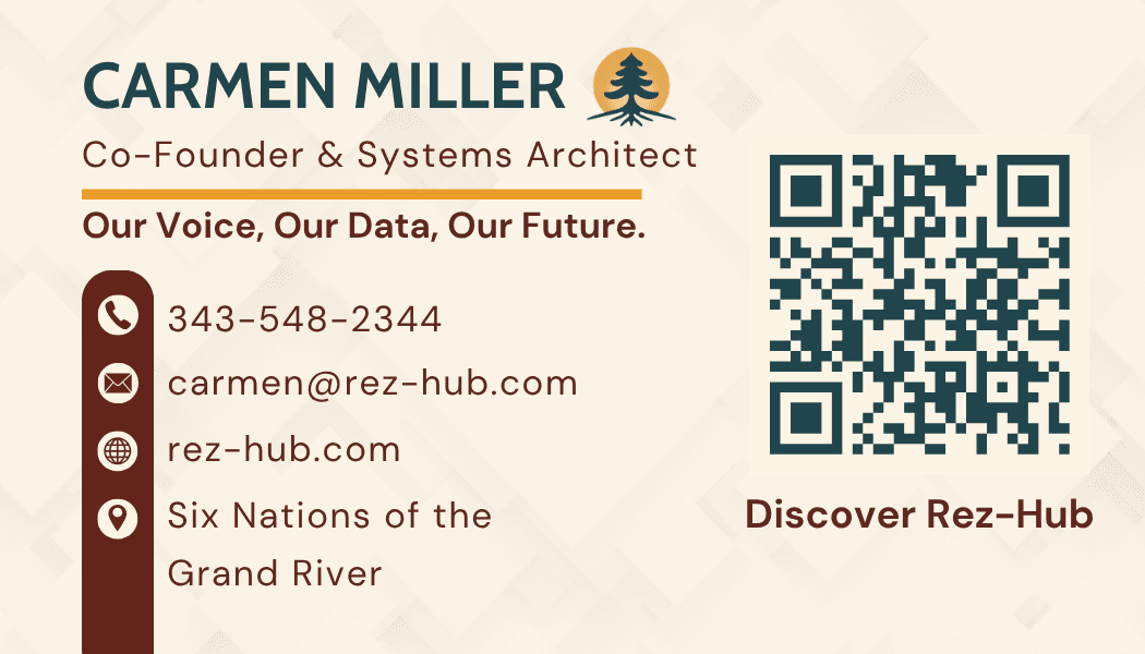 Business card for Carmen Miller, Co-Founder of Rez-Hub, with contact details and QR code.