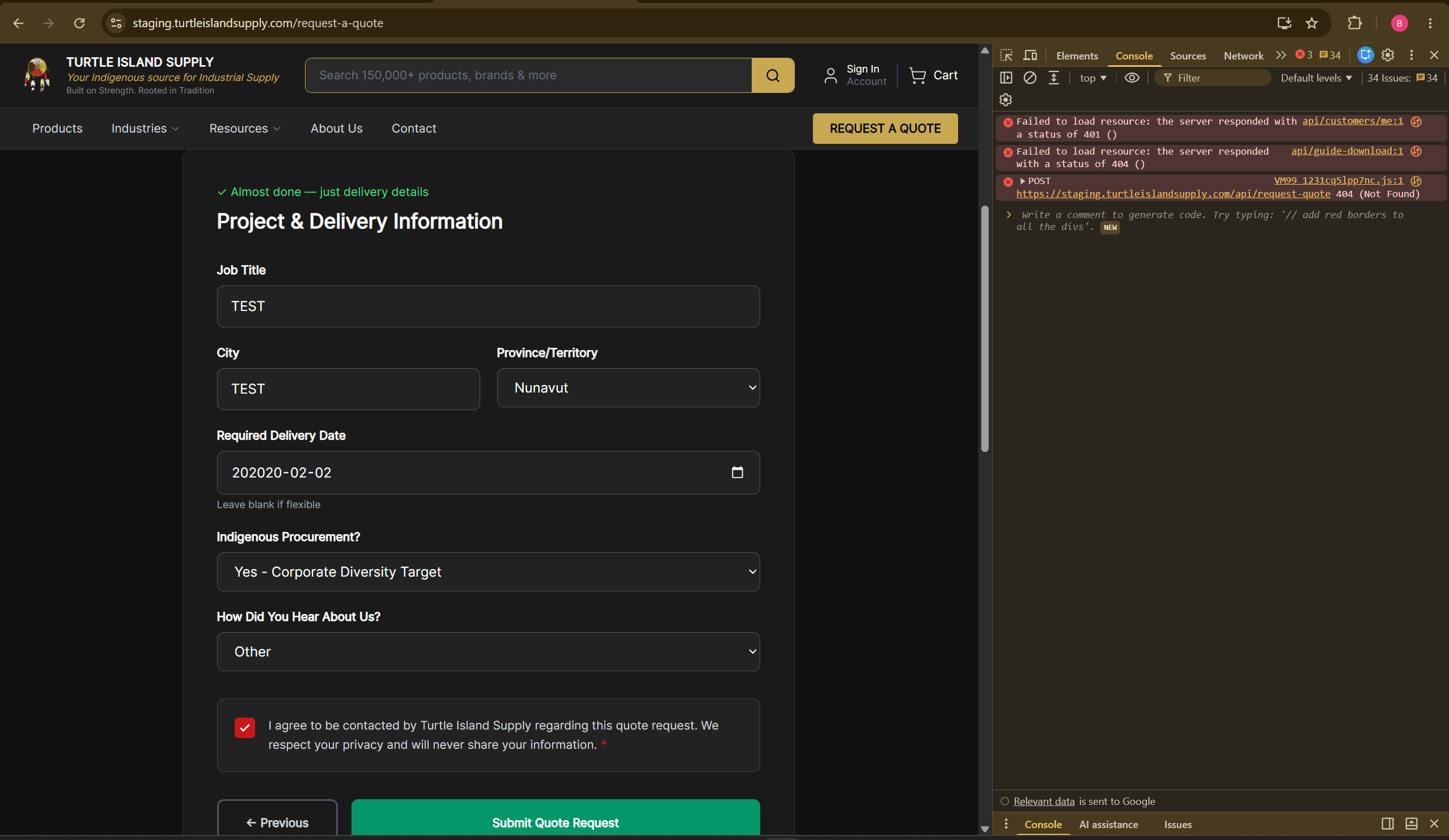 Screenshot of Turtle Island Supply's quote request form with fields for job title and delivery information.