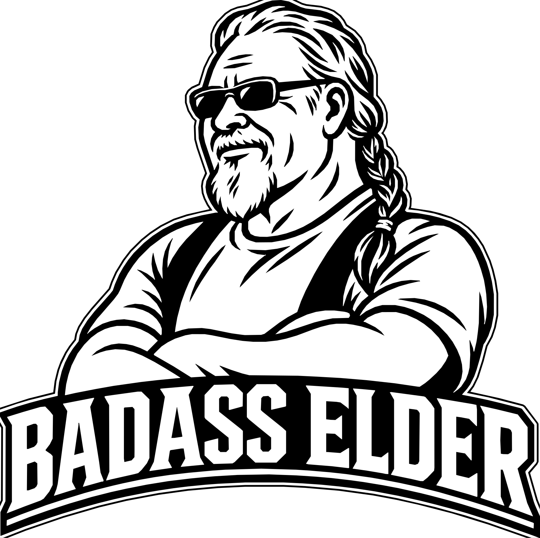 Illustration of a confident elder with sunglasses and a braid, labeled 'Badass Elder'.